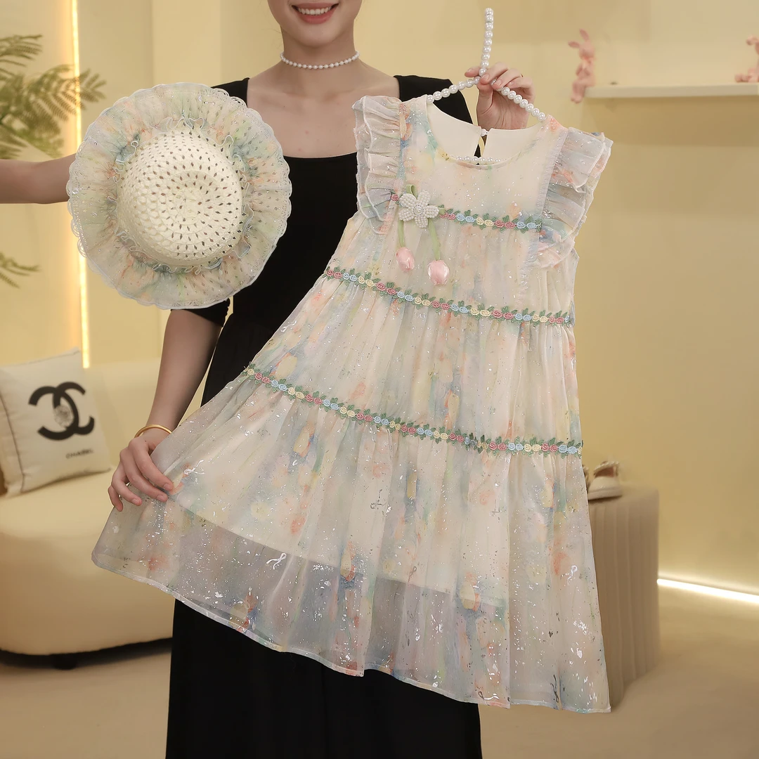 女童连衣裙2025夏季新款小飞袖印花裙中大童公主裙5230001749