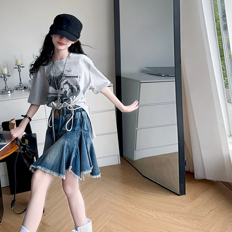 韩版百搭不规则牛仔短裙套装女童2025年夏季新款设计感短袖两件套