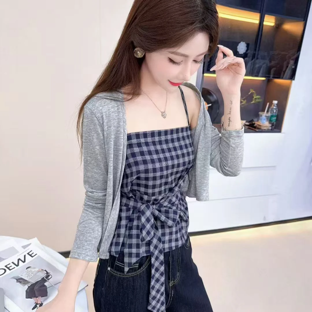 秋季时尚格子吊带搭配长袖外披薄款两件套系带蝴蝶结女装套装