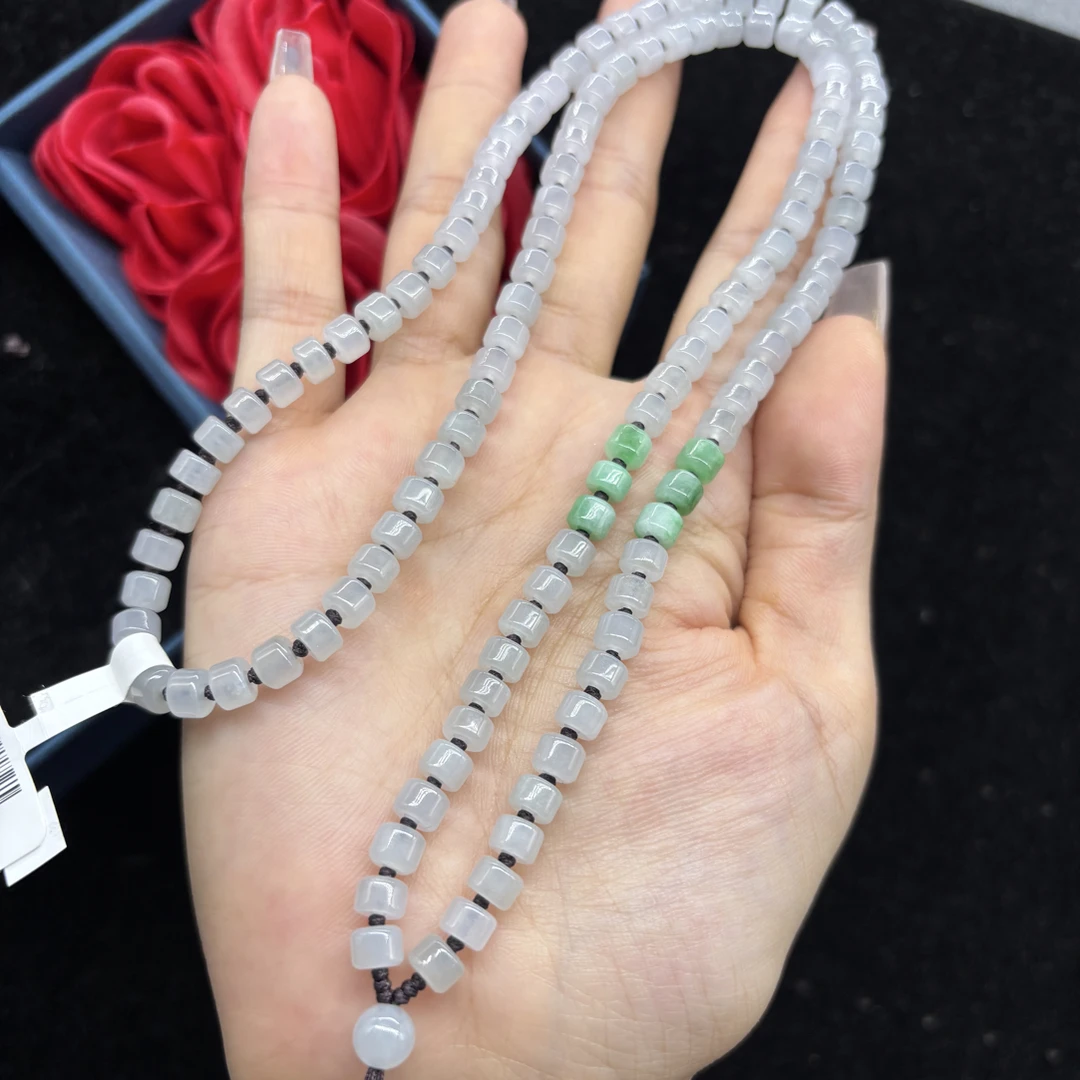 高端天然缅甸A货翡翠冰种绿色桶珠5mm玉石挂件绳毛衣链长链百搭款
