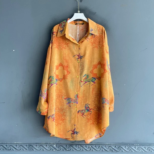 时尚百搭印花设计感减龄中长款长袖衬衫