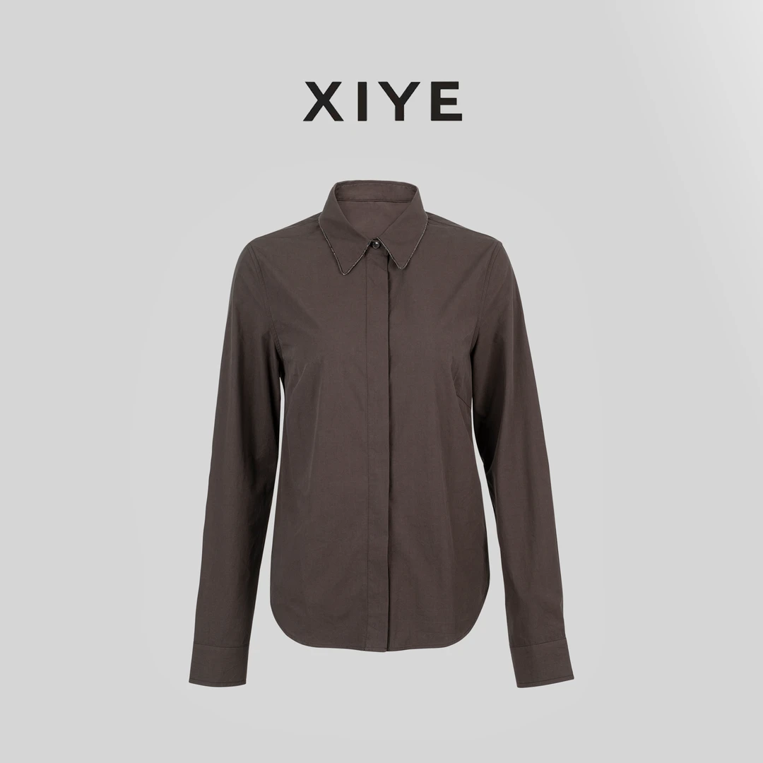秋冬新款简约百搭高级时尚纯色设计感咖色衬衫225278