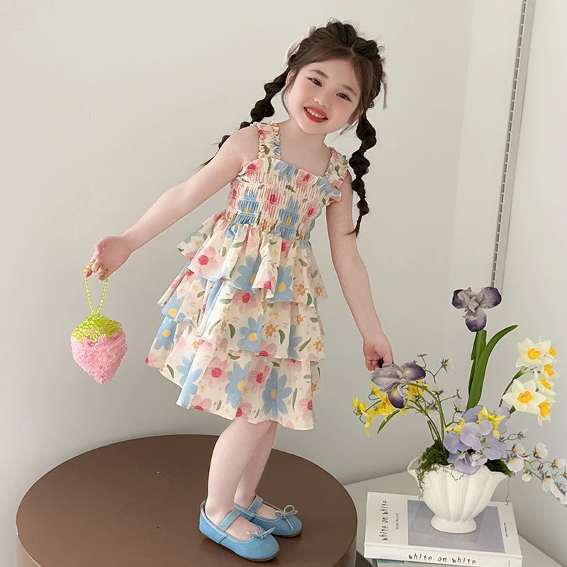 女童花朵连衣裙2025新款公主裙洋气儿童吊带蛋糕裙小女孩宝宝夏装