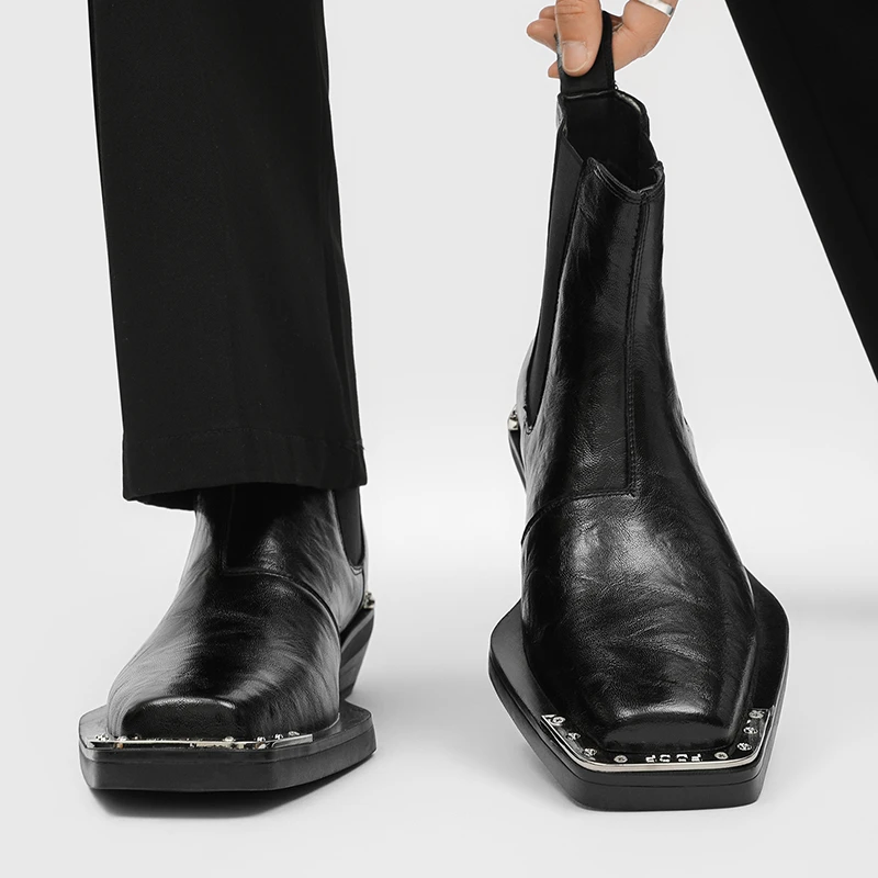 男超纤方头马丁靴百搭休闲男靴新款小众风铁头靴薄款高跟切尔西靴