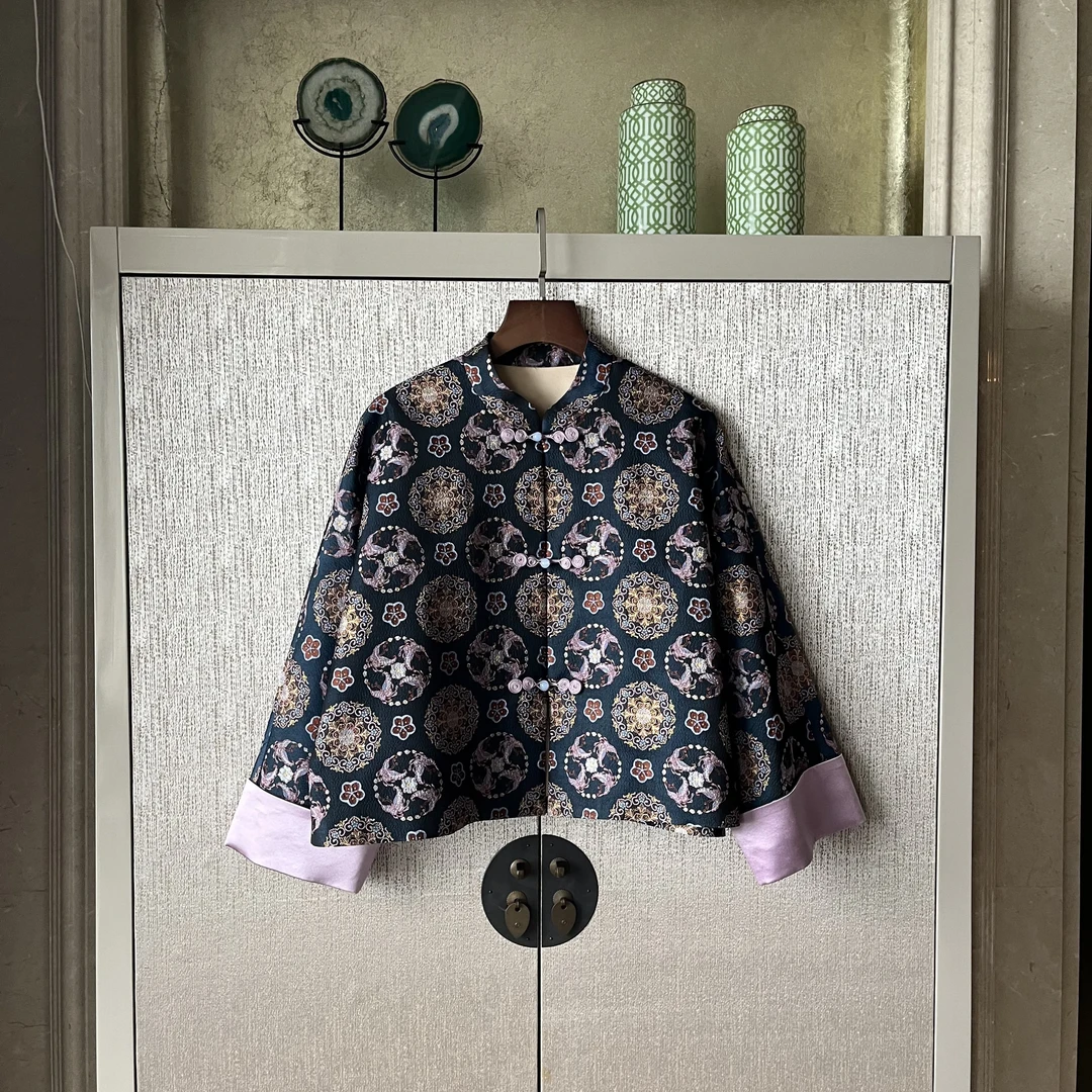 【喜相逢】桑蚕丝外套复古立领花色时尚长袖气质