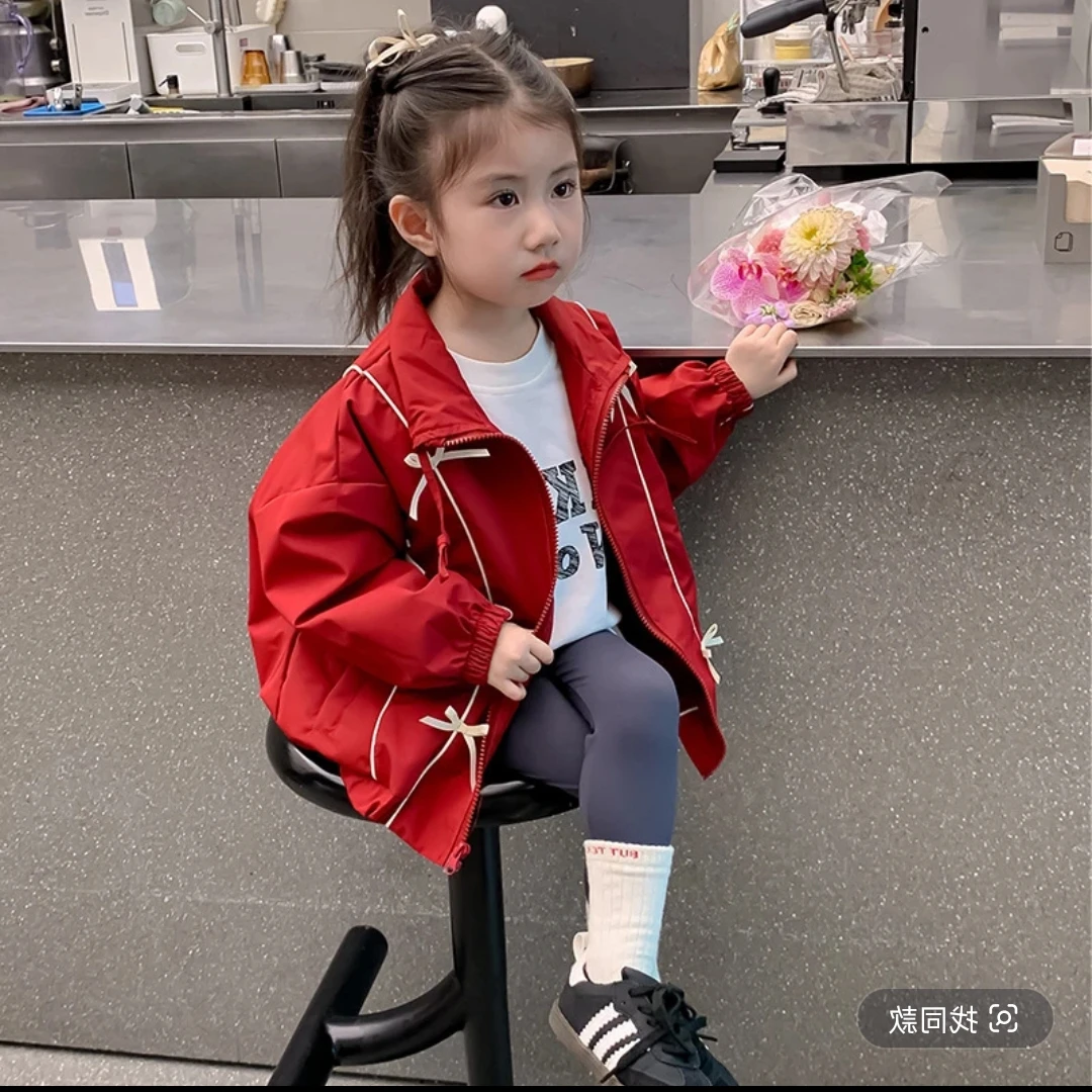 女童蝴蝶结冲锋衣外套红色秋季夹克衫A5-3-4