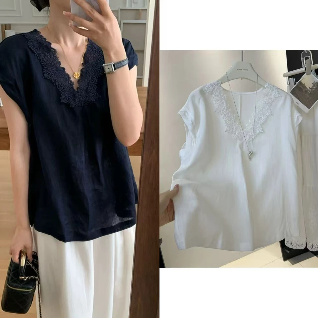 CQ L胸112长58独特漂亮显瘦夏季薄款宽松别致V领女士衬衫 1332