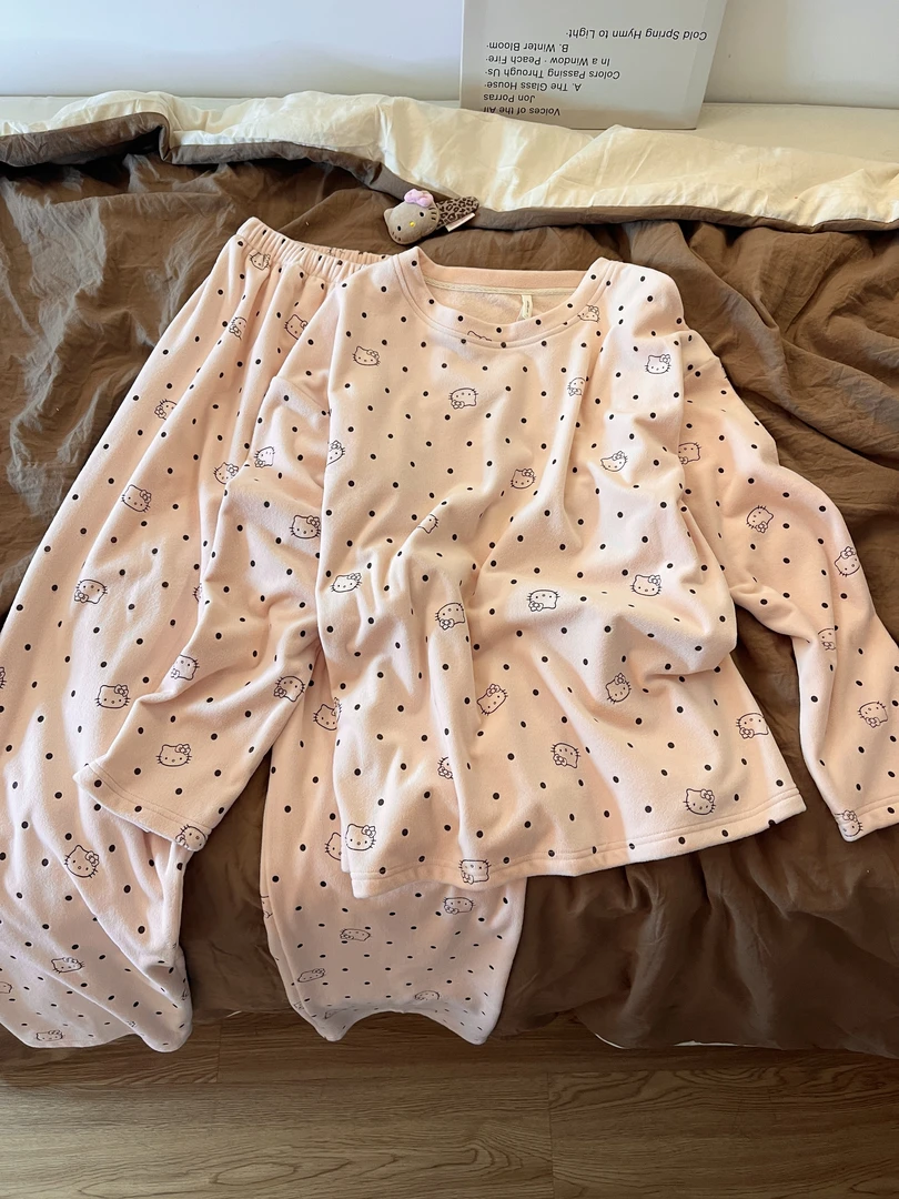 韩系甜美HelloKitty德绒睡衣女2025秋冬新款磨毛保暖家居服两件套