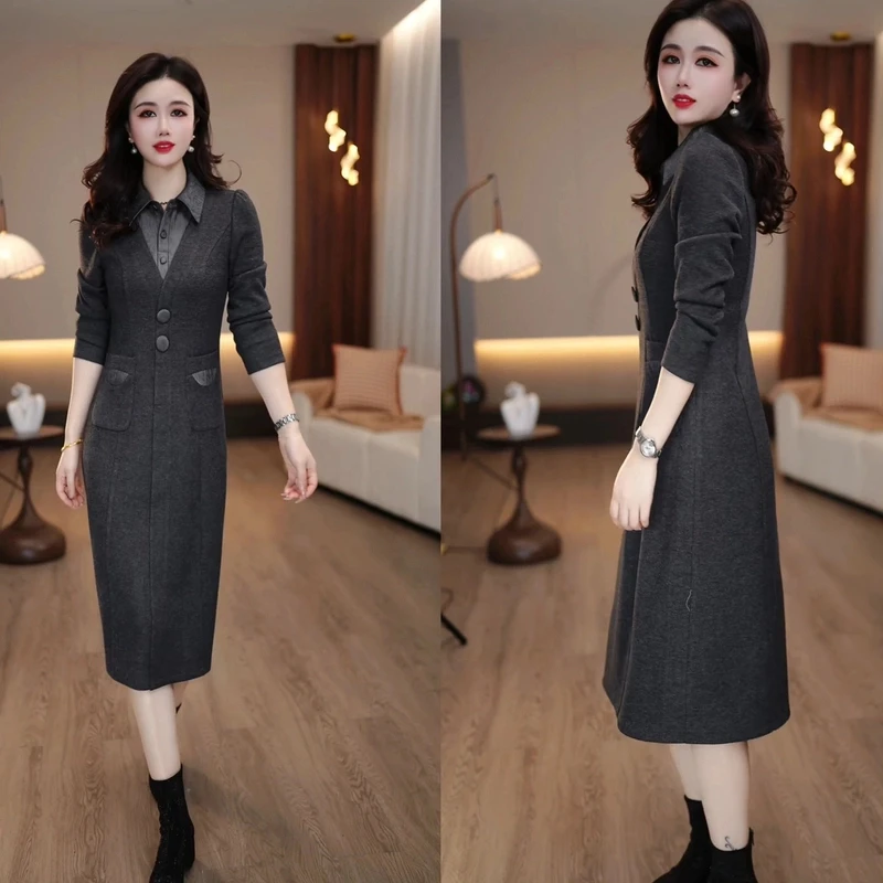 2025春秋新款知性经典设计翻领干练假两件连衣裙中长款修身洋气
