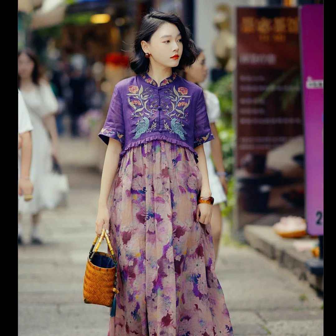 羊在在洋气民族风刺绣花边连衣裙女春夏阔太太改良裙子LYQ25GY127