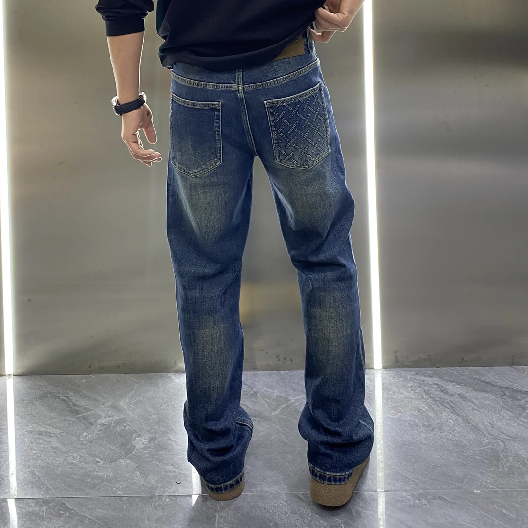秋复古水洗口袋钢印修身中直筒四面弹软牛仔美式痞帅高街牛仔长裤