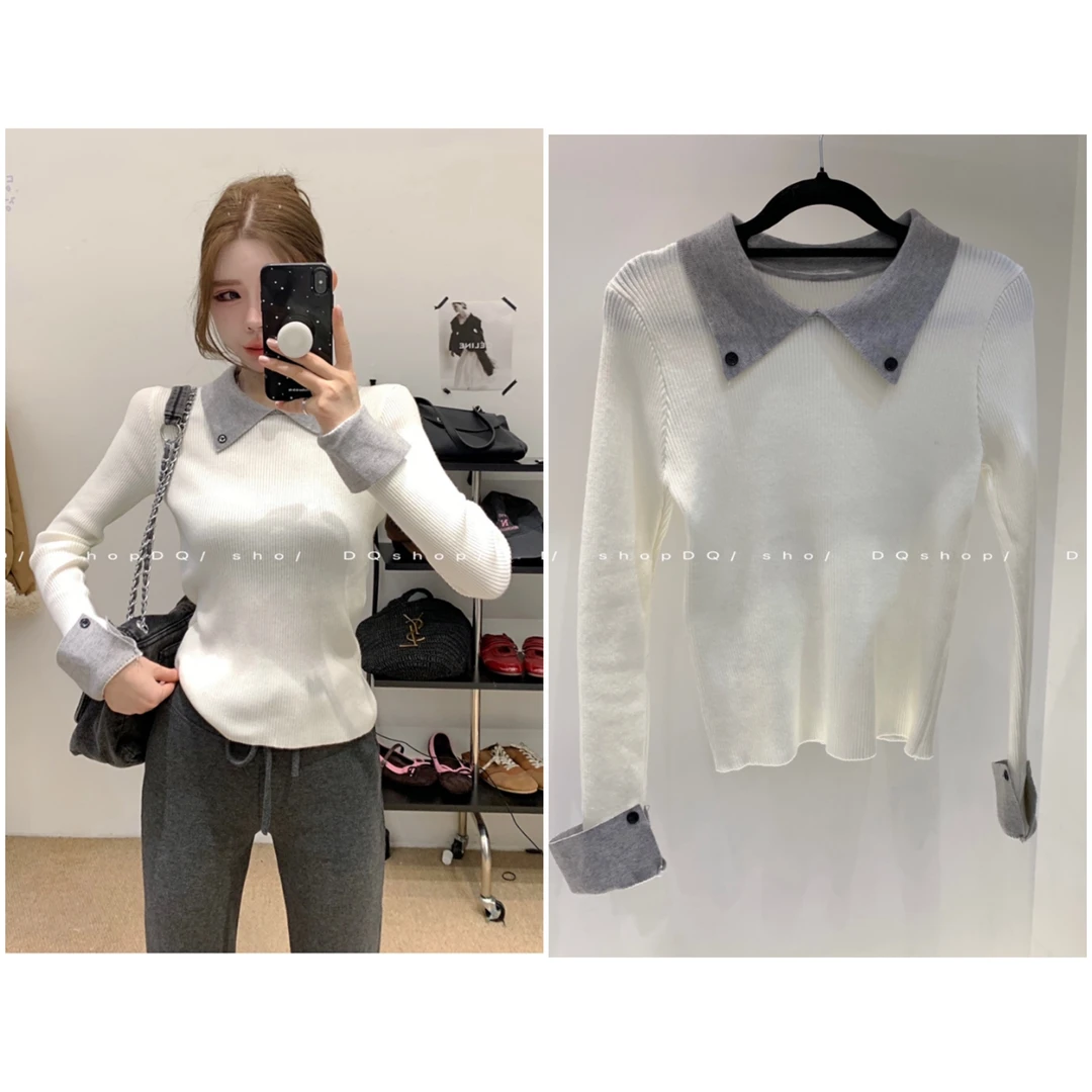 【 留学生】 领子拼接针织上衣