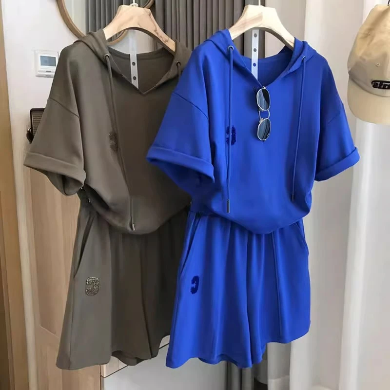 胖MM特大码300斤休闲运动连帽套装女夏季宽松遮肉短袖短裤俩件套