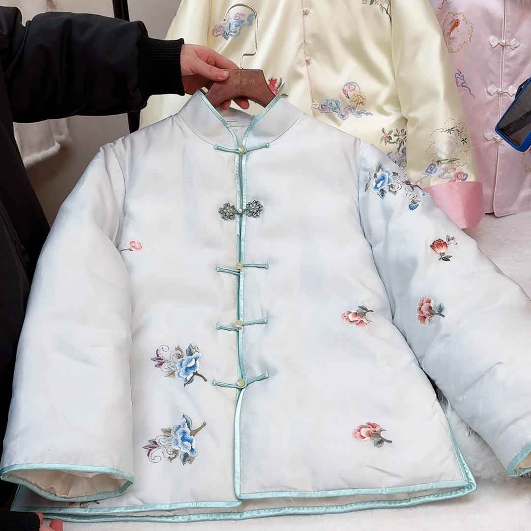 刺绣真丝蓝色 立领羽绒服
