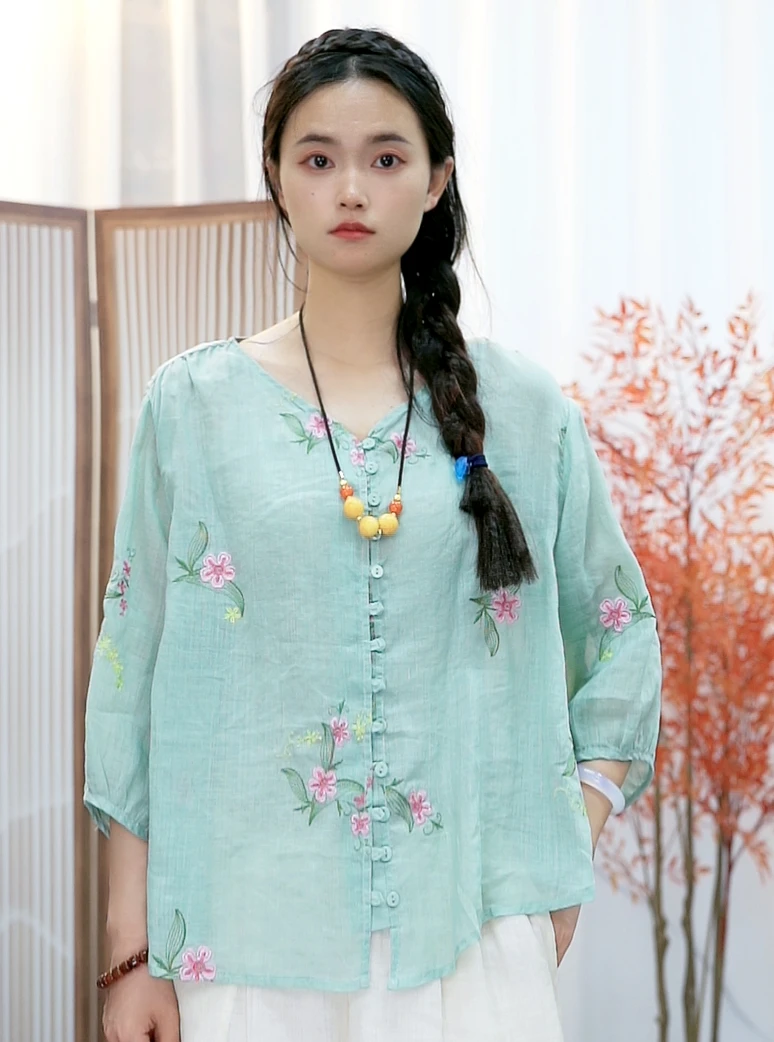 上衣夏季薄款复古中国风大码时尚宽松中式文艺印花民族风绣花小衫