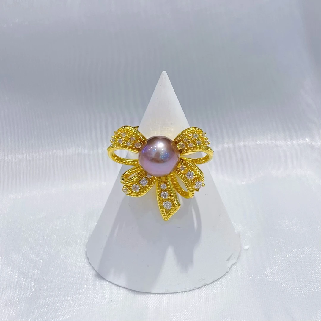 足金珠珠蝴蝶结戒指5D黄金戒指