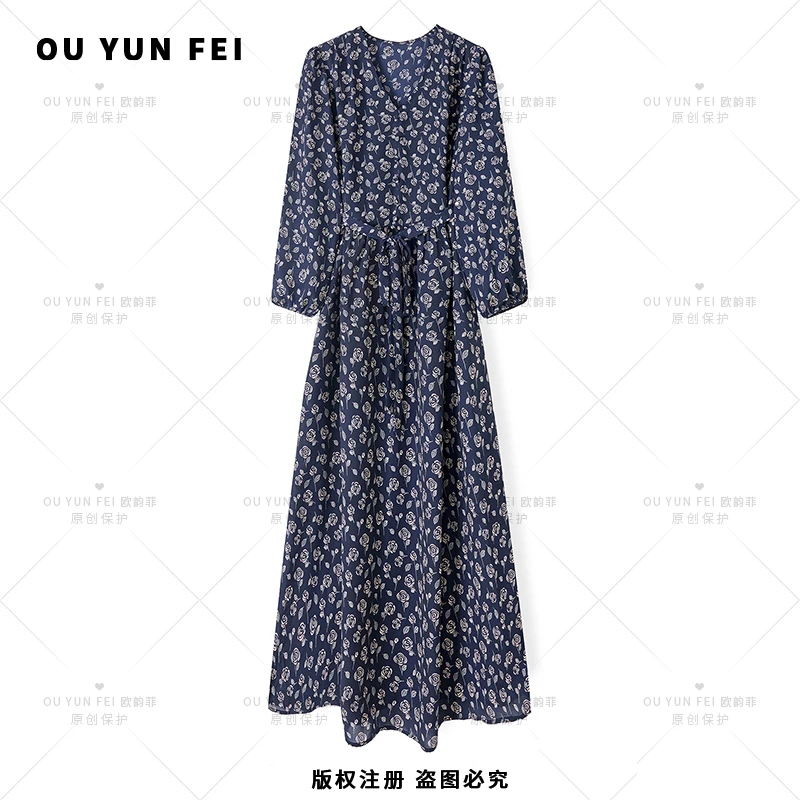 欧韵菲【玫瑰岛】温婉大方衣服气质显瘦穿搭时尚洋气印花长裙HD1000