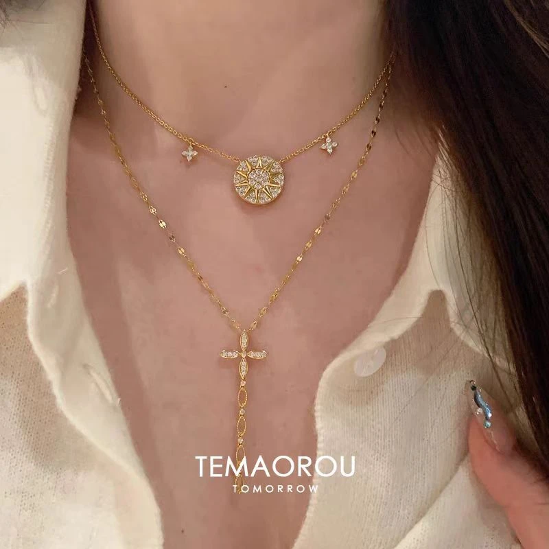 合金锆石吊坠 轻奢时尚百搭ins风太阳盘十字架项链可叠戴