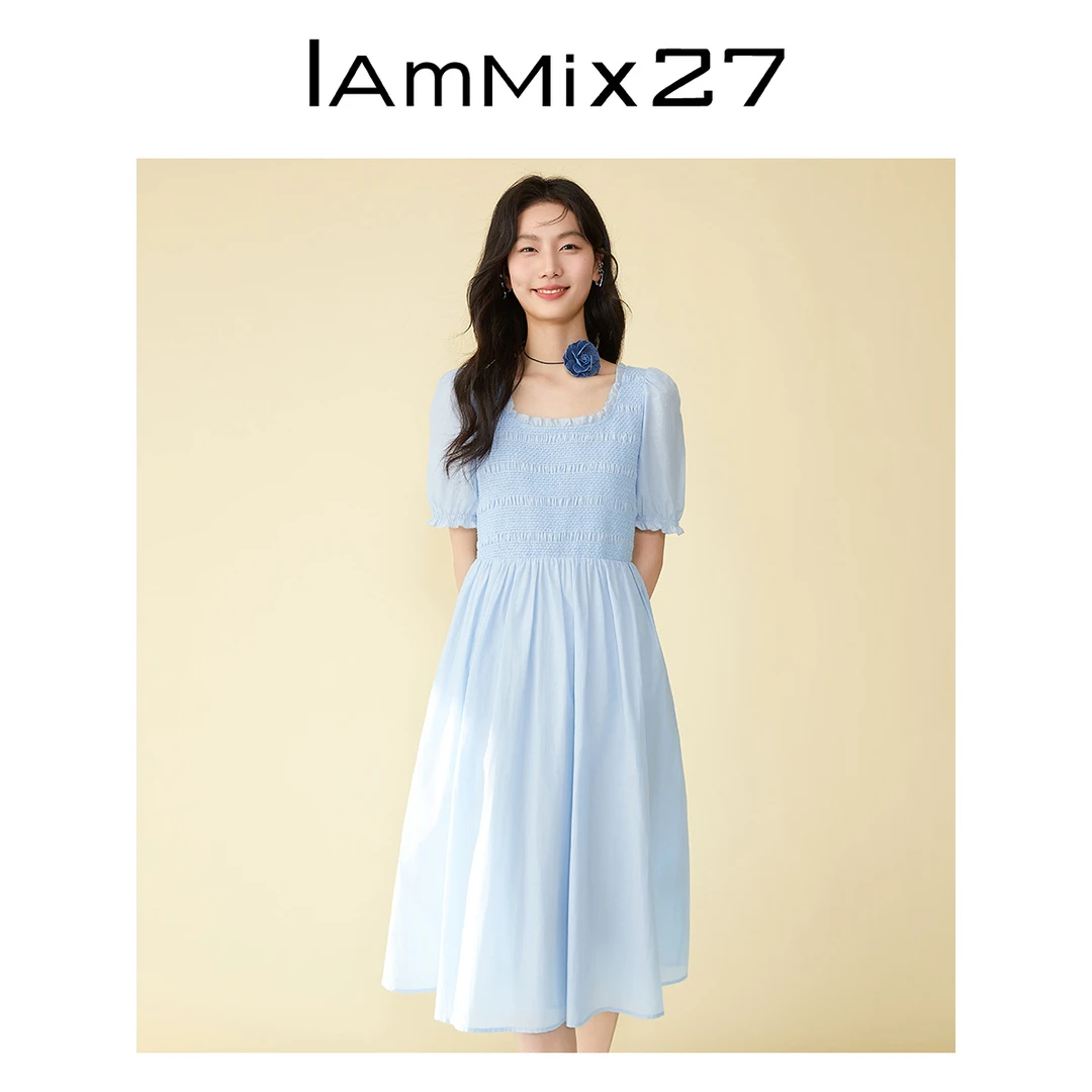 Iammix27法式方领泡泡袖连衣裙女高腰木耳边短袖A字裙女M4B9165