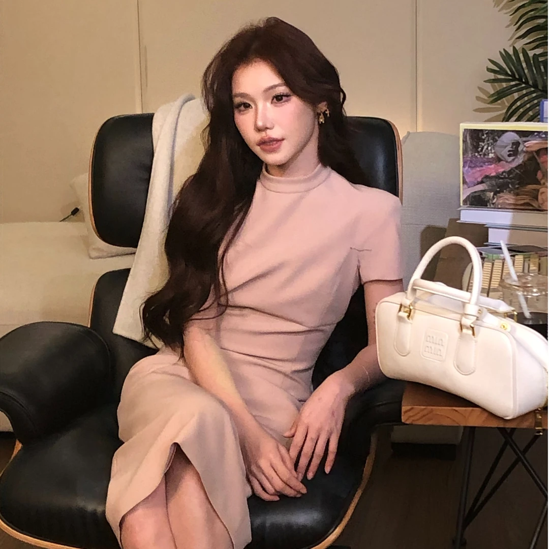 【一只璐甄选】W186新款时尚短袖中长款连衣裙收腰显瘦裙子