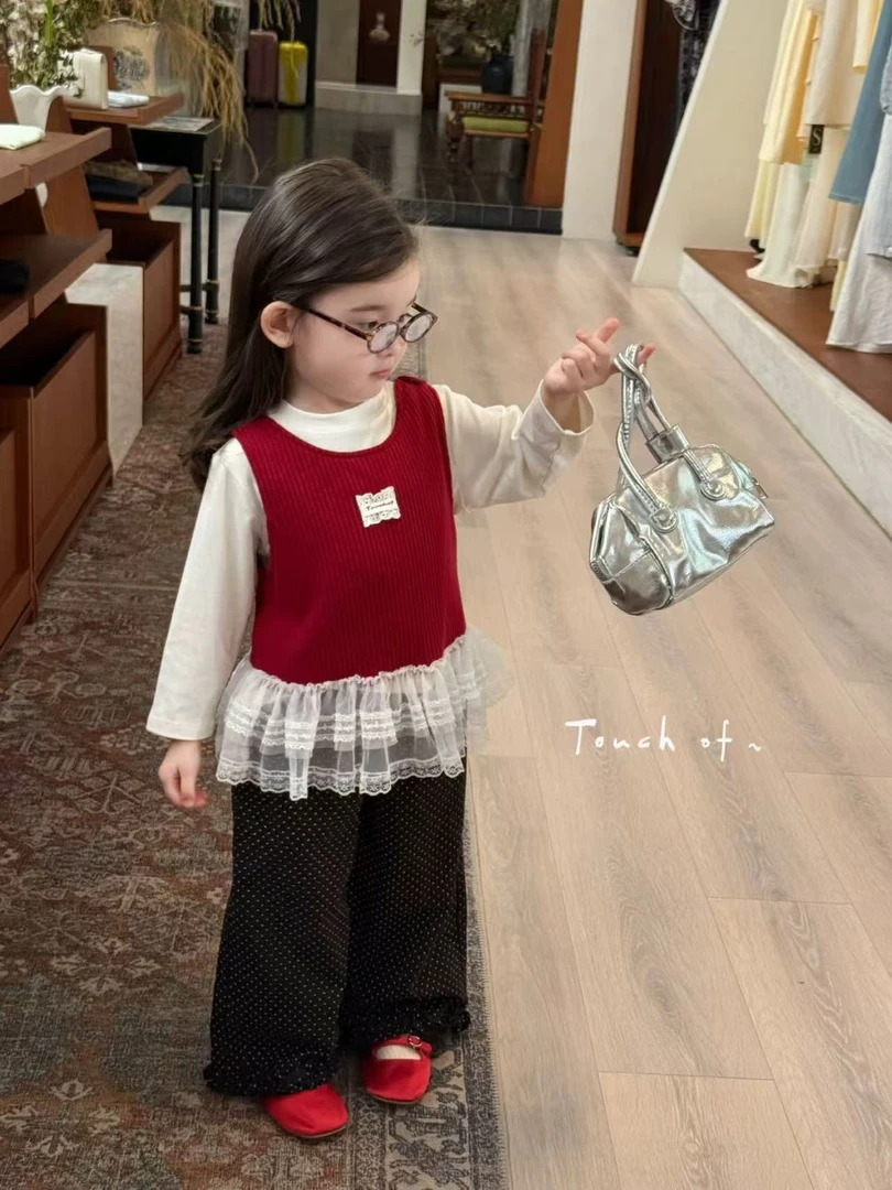 秋季春秋女公主风韩版波点套装上衣纯色马甲洋气三件套