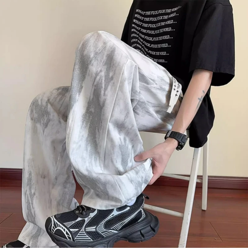 潮牌美式扎染阔腿裤冰丝凉感夏季薄款速干裤子男宽松夏季薄款男裤