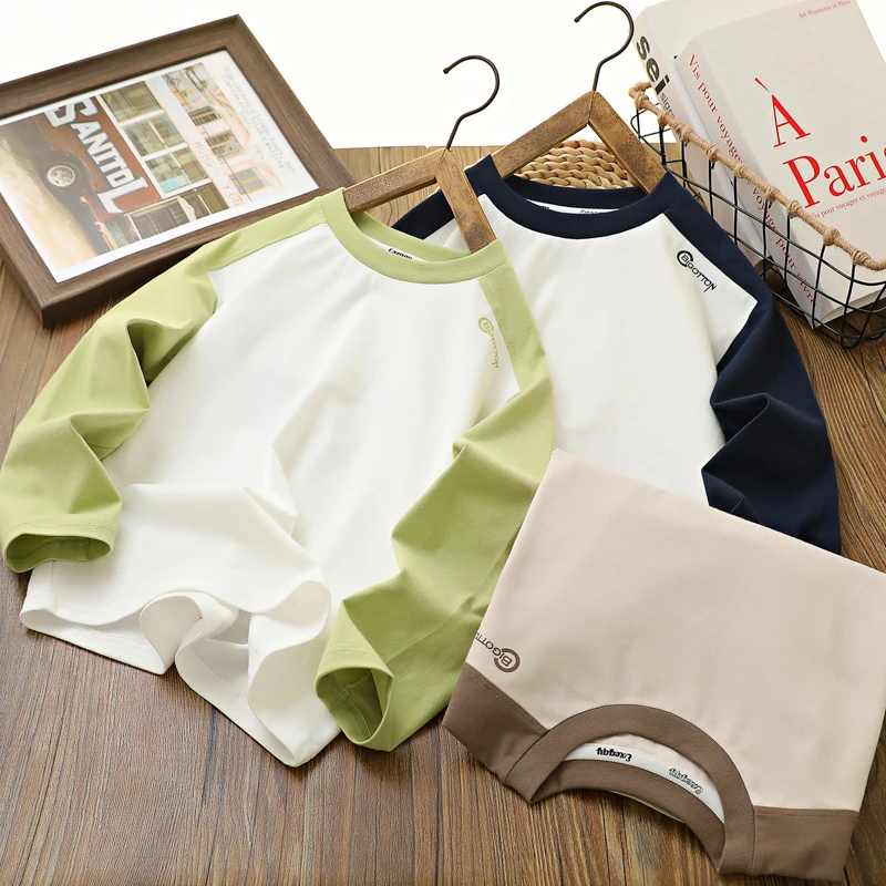 男童长袖T恤春秋新款中大童时尚插肩拼色打底衫儿童休闲宽松上衣