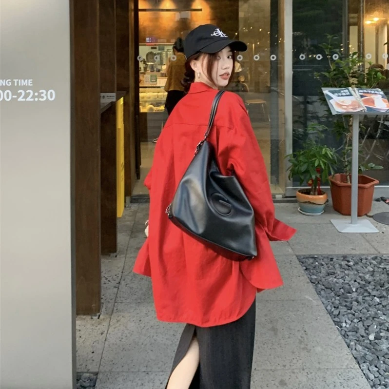 酒红色宽松中长款衬衣女2025春季慵懒松随性弛感百搭廓形显瘦衬衫