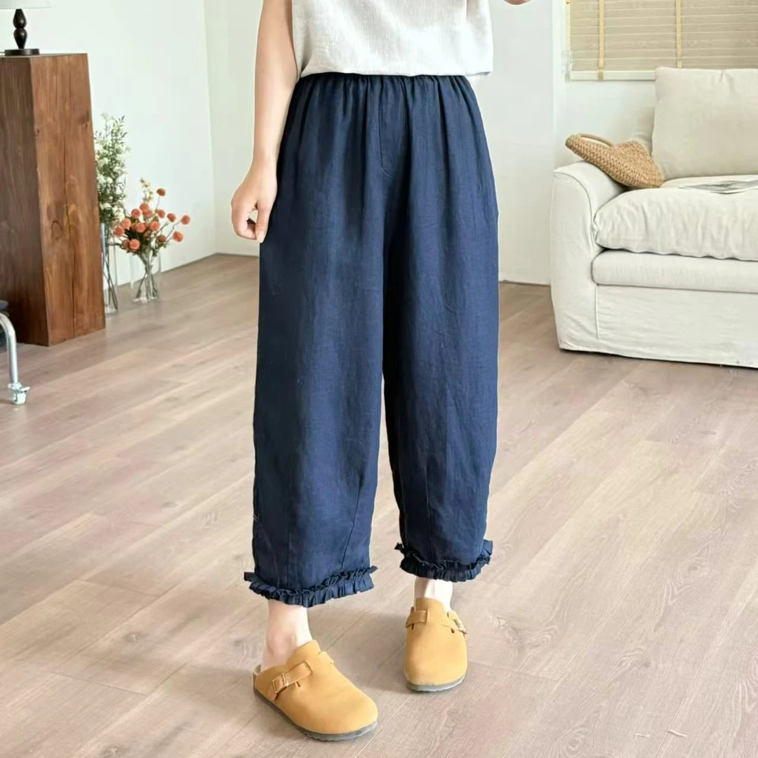 常樂家2025夏季新款松弛感亚麻花边裤B601