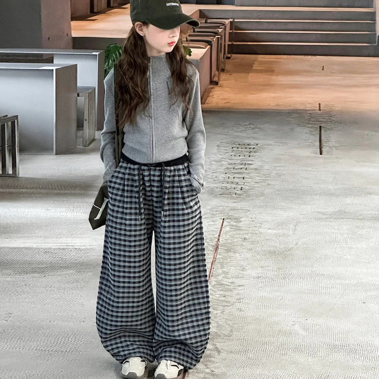 女童2025新款女大童秋季洋气时髦针织开衫套装女孩秋款格子阔腿裤