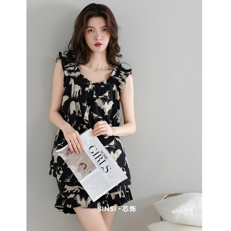 凉感睡衣女款2025新款夏季吊带薄款纯棉时尚黑色可外穿家居服套装