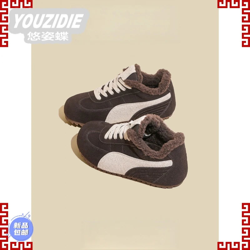 YOUZIDIE磨砂牛皮复古德训鞋女2025冬季新款加绒巨好看不累脚
