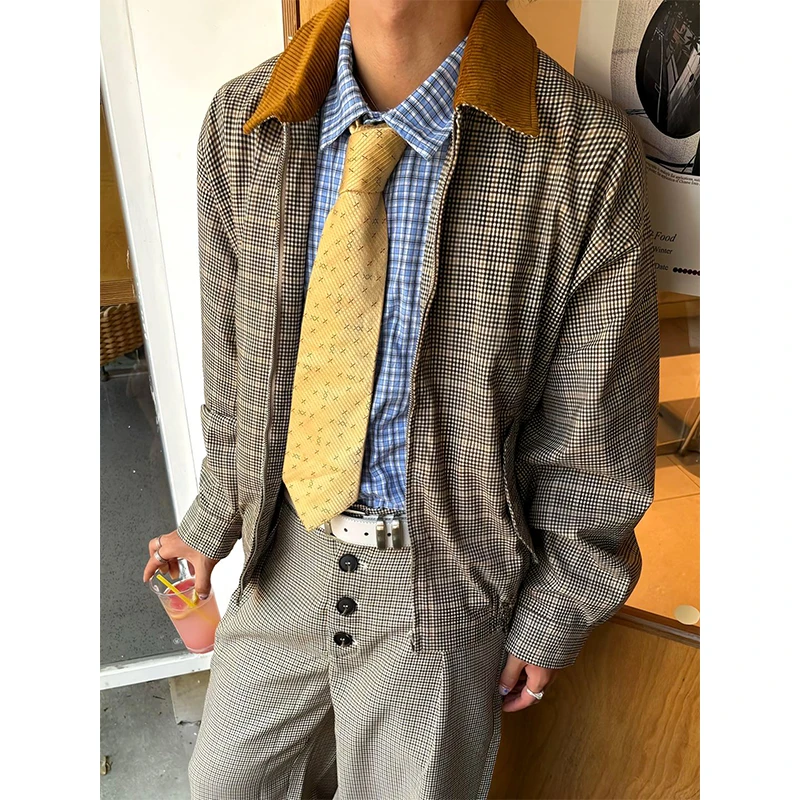 千鸟格manuscript夹克男款秋季灯芯绒翻领外套vintage老钱风上衣