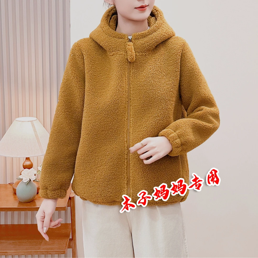 冬季新款颗粒绒连帽保暖加绒加厚宽松时尚拉链绒衫外套