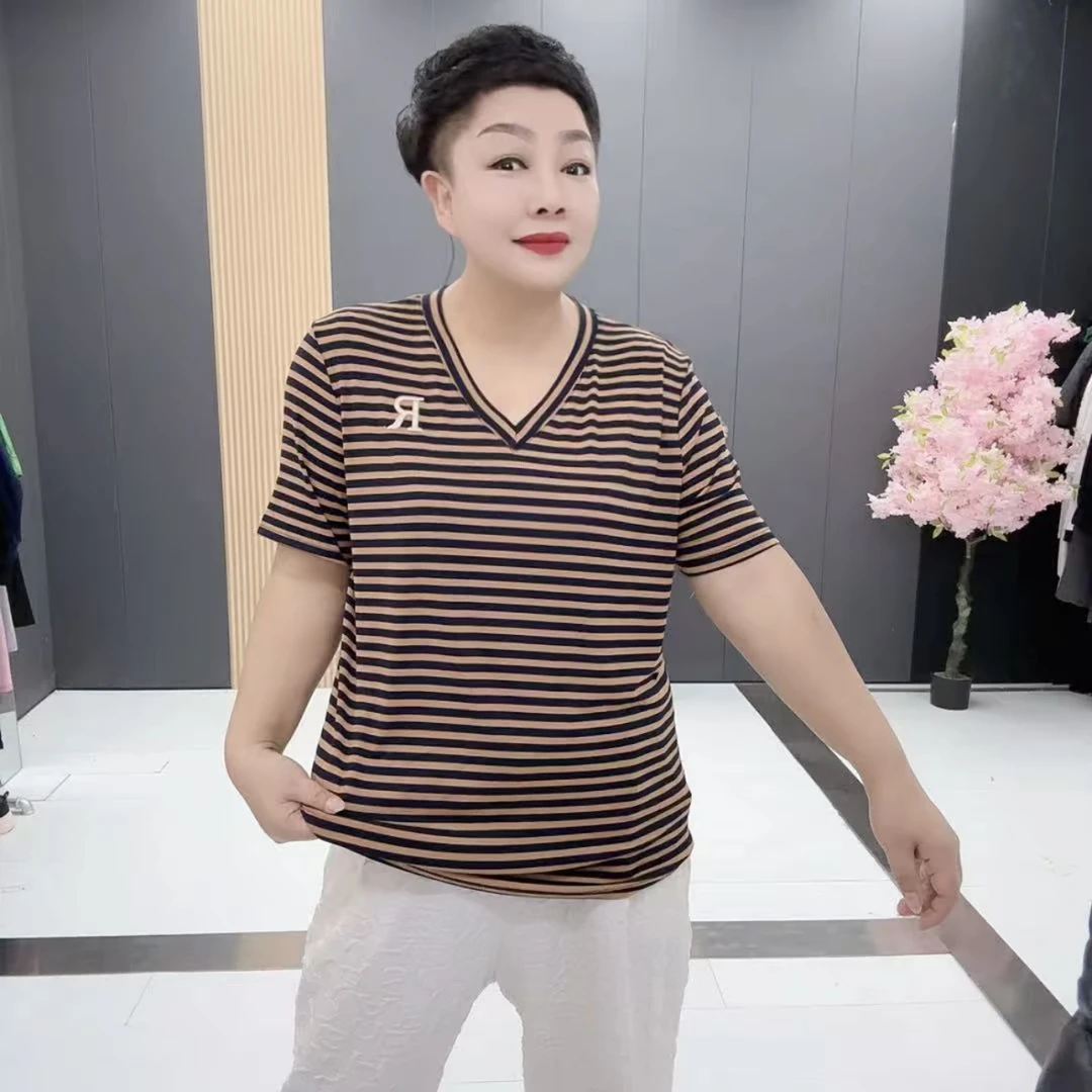 3052*时尚大码短袖常规条纹V领常规款T恤打底衫半袖夏季潮流上衣