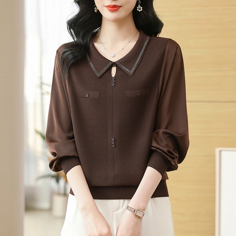 翻领针织打底衫女士春装2025年新款洋气春秋外穿妈妈上衣长袖薄款