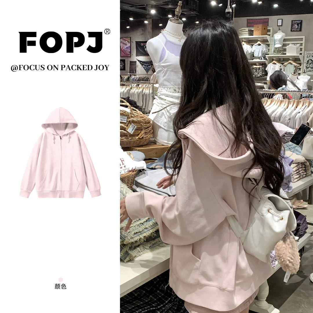 FOPJ早秋款学院风纯色拉链连帽卫衣女设计感百搭休闲潮流外套上衣