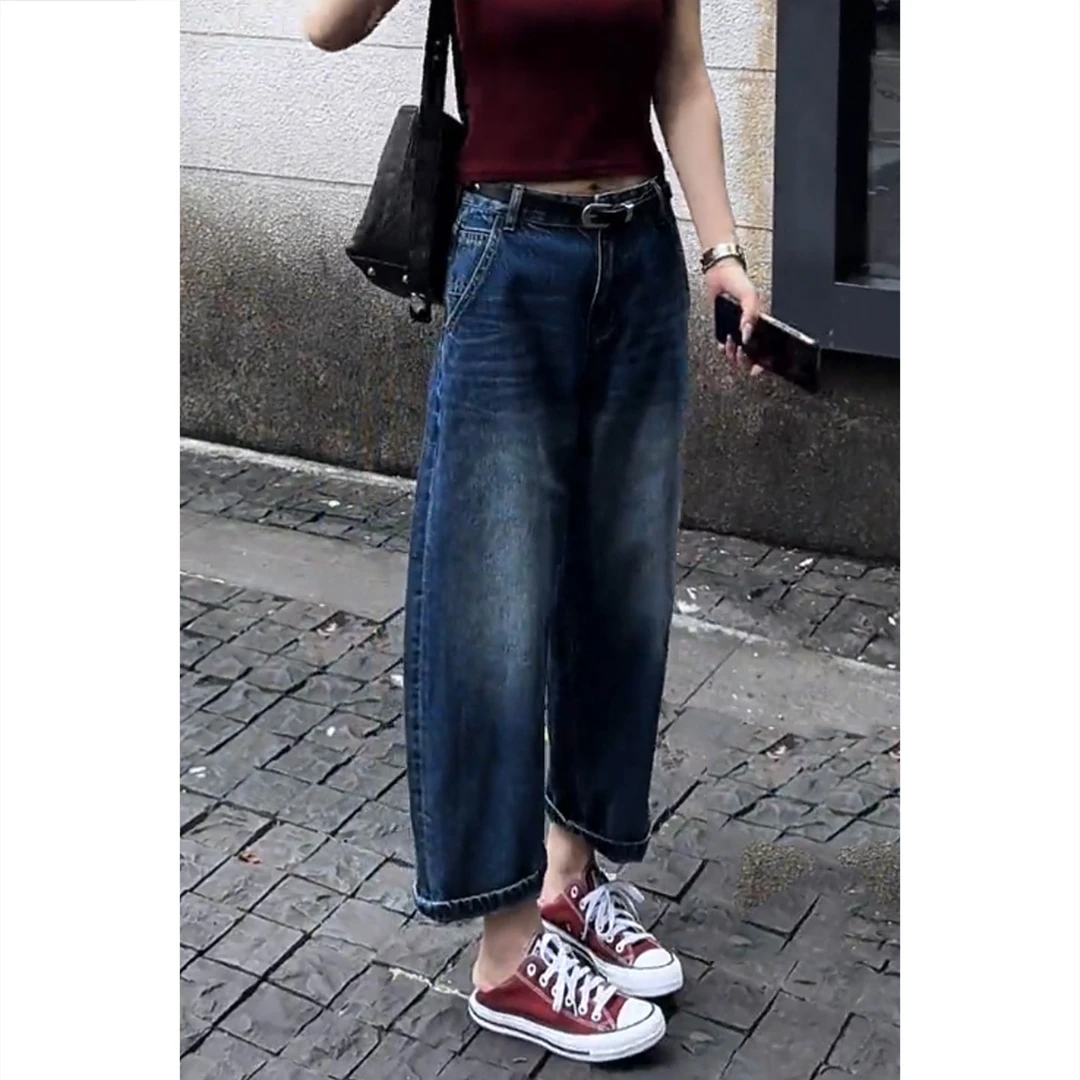 艾塔莉夏季女款宽松牛仔裤高腰百搭阔腿裤时尚九分裤韩版直筒裤子