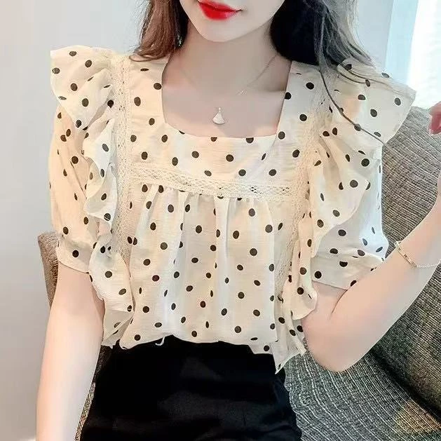 甜美方领短袖衬衫女夏季时尚设计感小众别致甜辣波点上衣【9276】