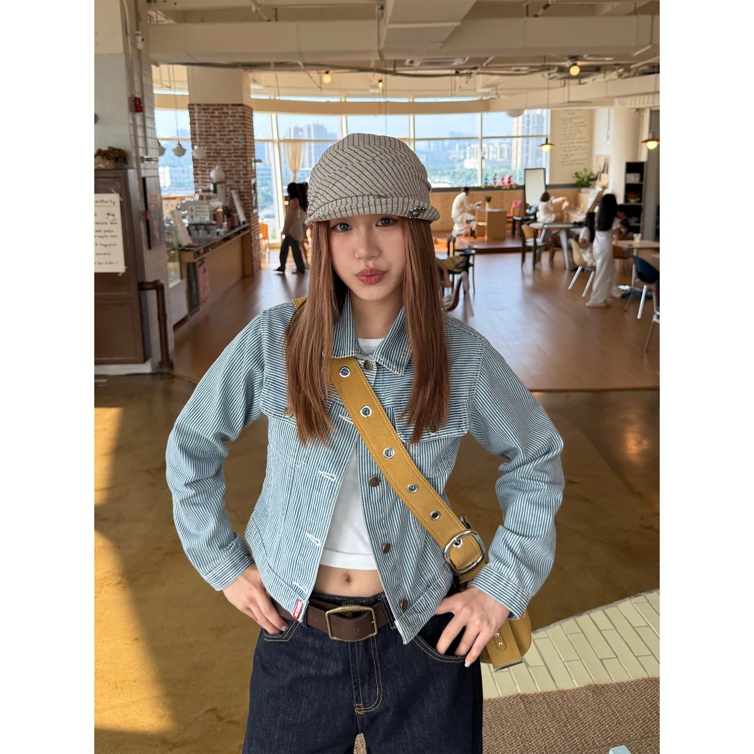 川川也CCYE美式复古条纹牛仔外套修身显瘦休闲ins街头短上衣秋