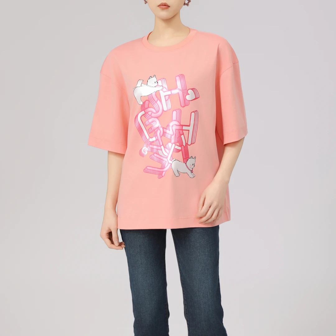 GIRDEAR/哥弟新款纯棉短袖上衣时尚圆领百搭趣味休闲T恤女130092