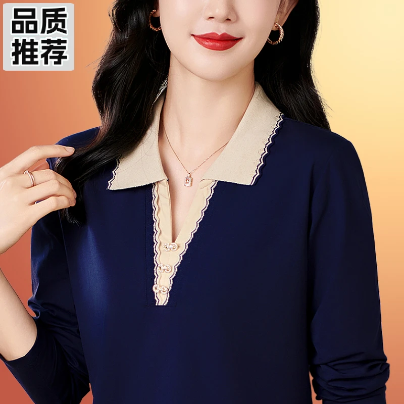 时尚宝蓝色长袖t恤女春秋季妈妈装宽松百搭运动polo衫新中式薄款