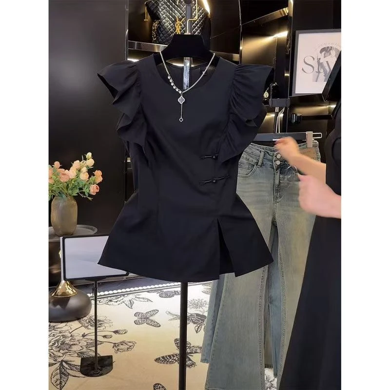 飞飞袖拼接荷叶边盘扣国风新中式上衣衬衫夏大码酷飒风女装高级感