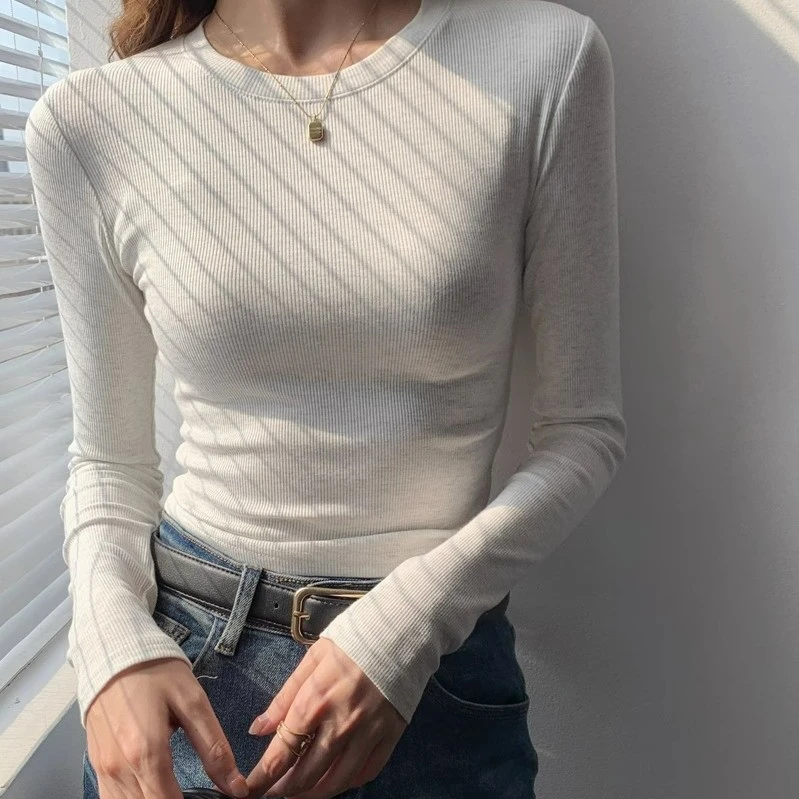 2025春秋冬季圆领修身t恤长袖正肩紧身打底衫基础款小衫百搭上衣