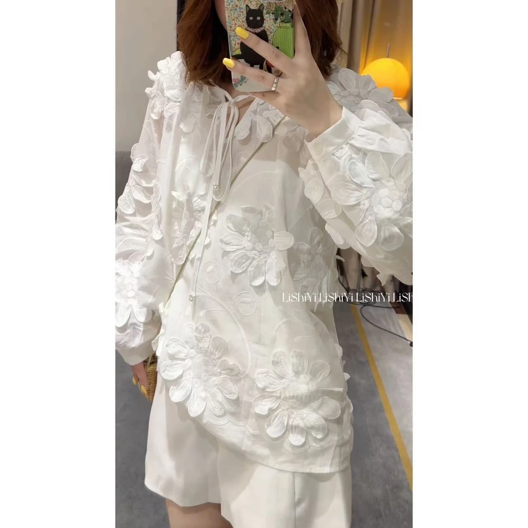 【李十一LISHIYI】立体花朵刺绣慵懒感衬衫# 8862