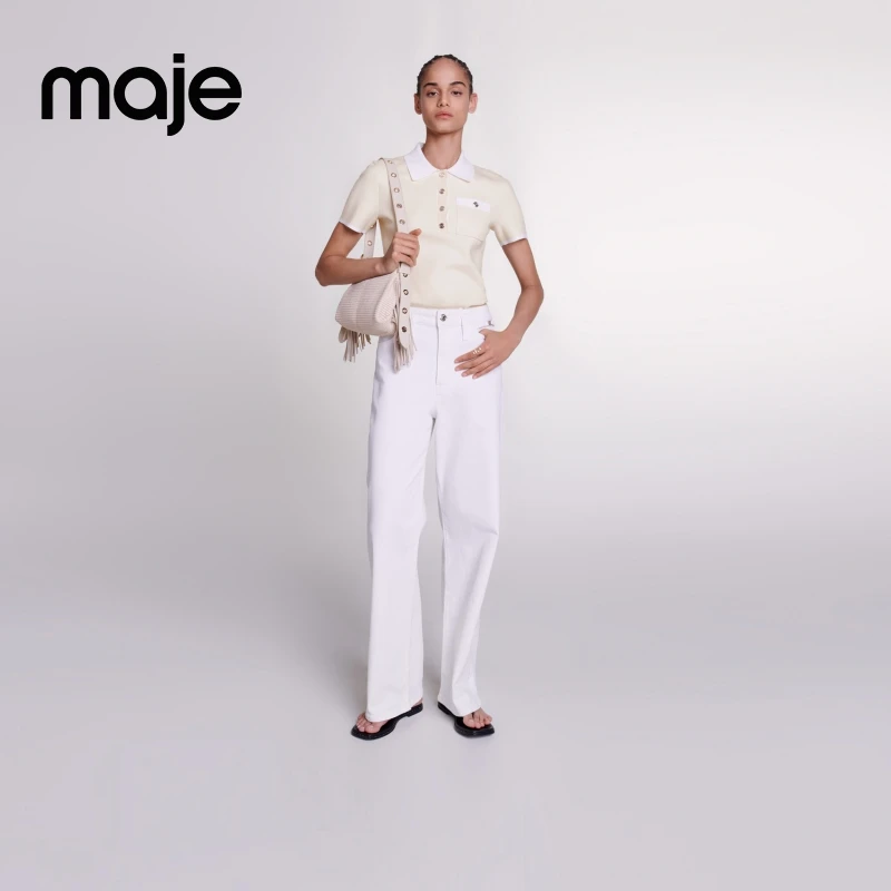 出游穿搭|Maje秋冬新款女装甜美撞色短款针织短袖上衣MFPPU00760