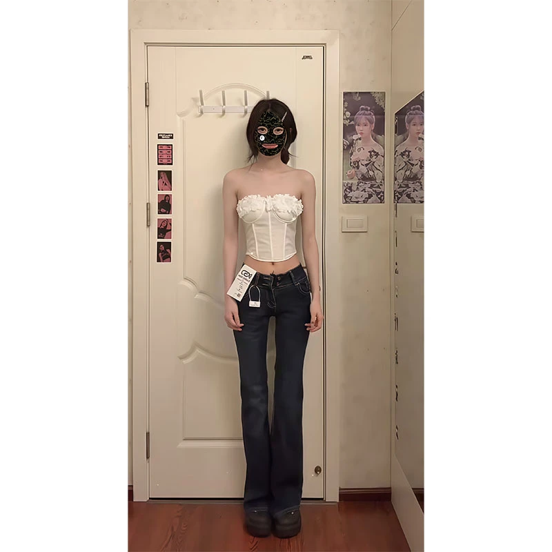 夏季辣妹纯欲设计感短款小众洋气抹胸上衣高腰显瘦微喇牛仔裤长裤
