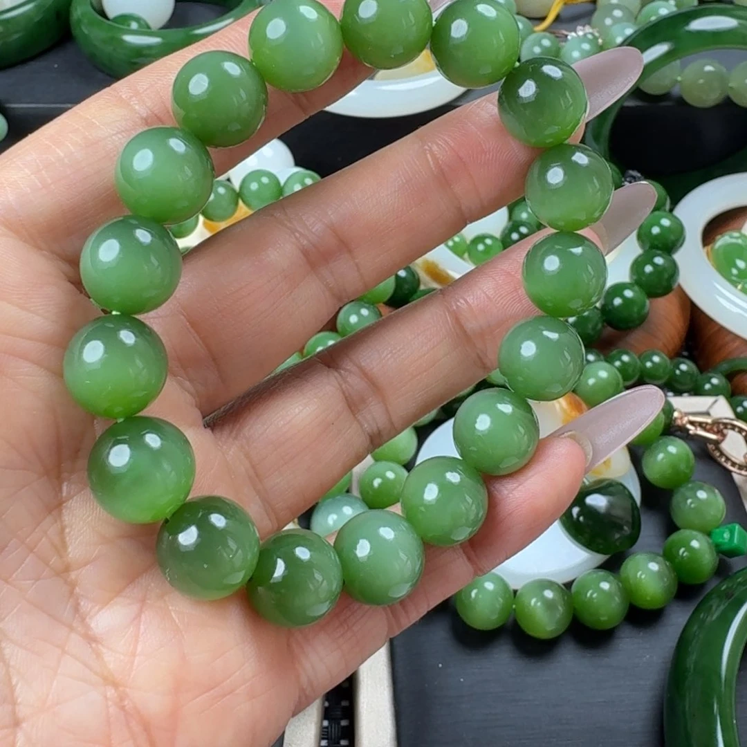 【闪购商品】未镶嵌手链和田玉（碧玉）绿猫手串卡12