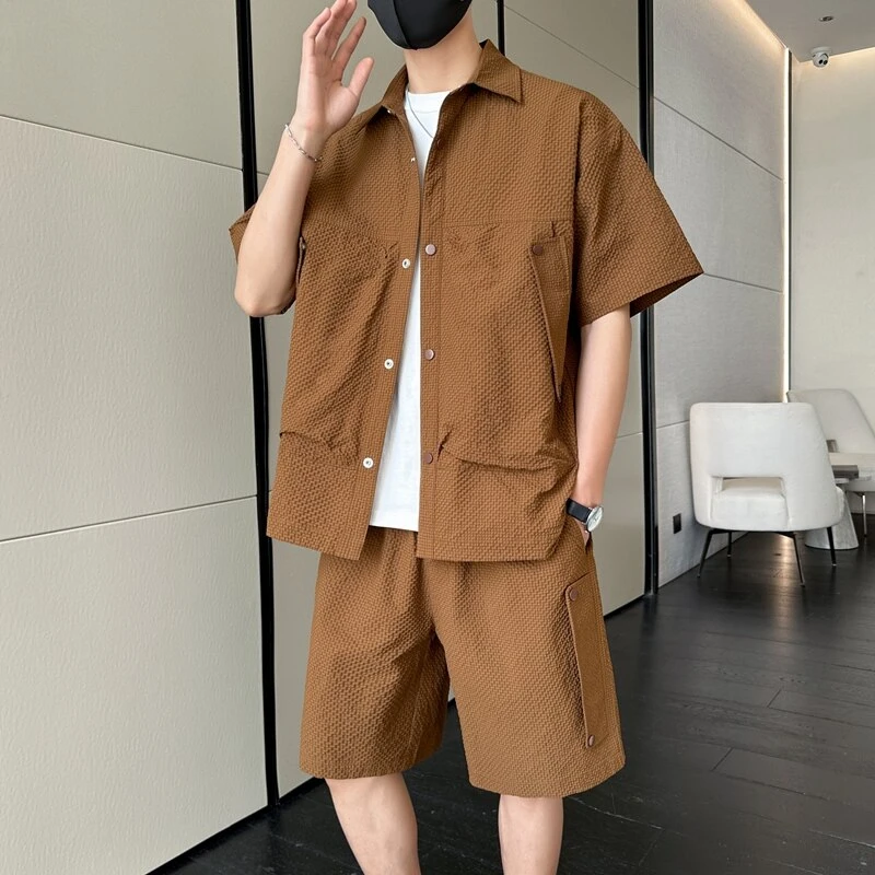 2025夏季新款男士高品质短袖套装青少年休闲运动纯色设计感两件套