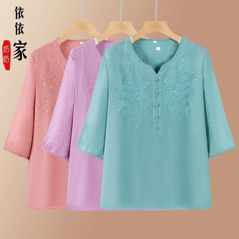 2025夏季新款高档刺绣短袖T恤夏季新款中年妈妈高定版时尚上衣服